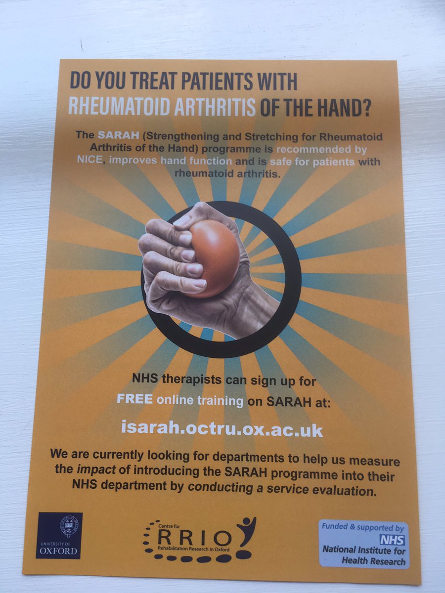 SCAHPRN's tweet photo. Do you treat patients with rheumatoid arthritis of the hand? @RRIO_news is looking for #NHS #therapists to help measure the impact of their SARAH hand exercise programme. #CAHPR https://t.co/N5hcOEELJq