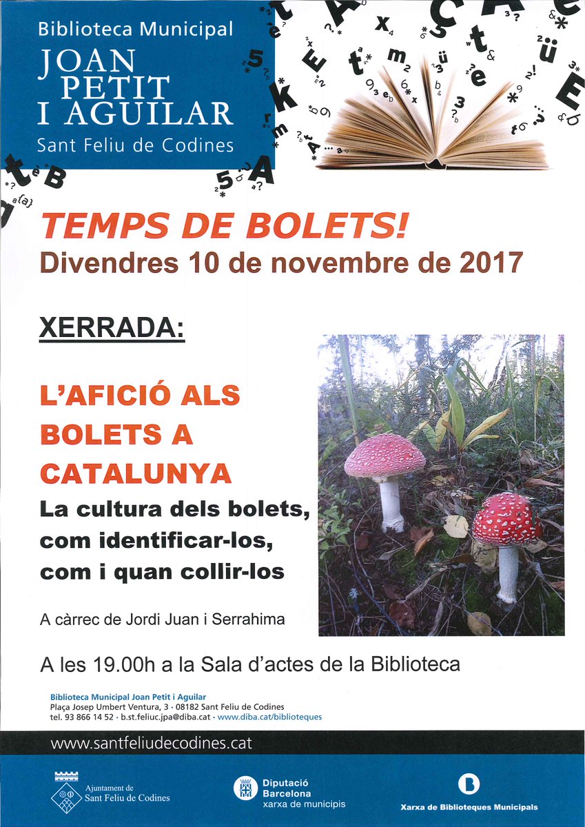 AjSFCodines's tweet photo. Xerrada "L'afició als bolets a Catalunya" a càrrec de Jordi Juan Serrahima, divendres 10 de novembre a les 19h a la Biblioteca #sfc182 https://t.co/g1znECEOXb