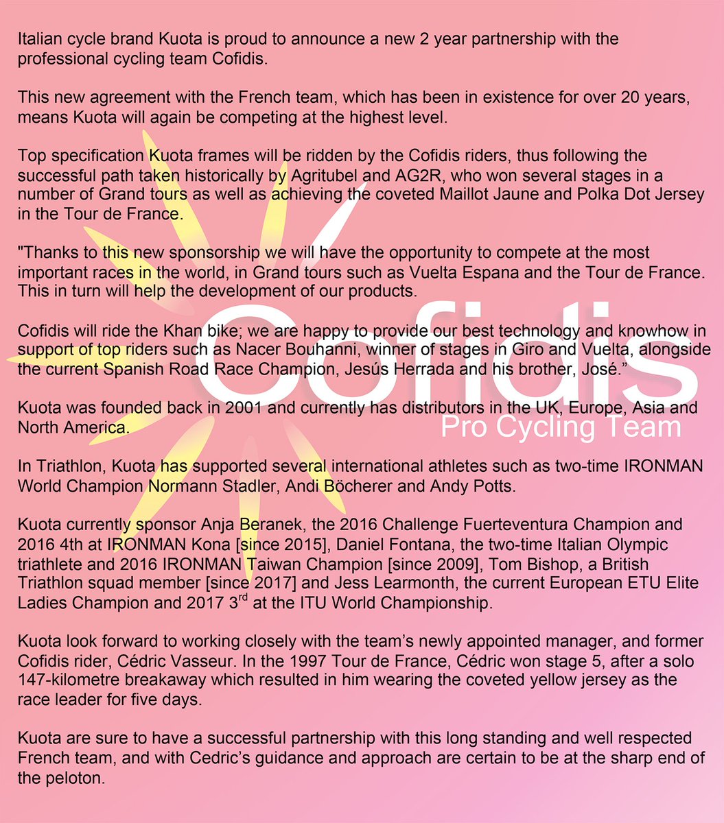 kuotauk's tweet photo. ***BREAKING NEWS***
Kuota are proud to announce a 2 year partnership with @TeamCOFIDIS and the team's newly appointed manager and legend @cedvasseur - we are looking forward to working with superstars such as @BouhanniNacer and Spanish Road Race Champ @jesushl90 https://t.co/AVwexP5bLA