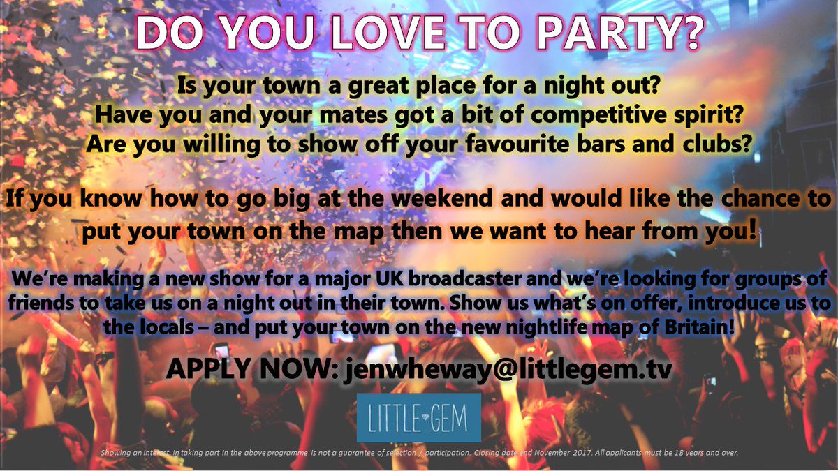 <a href="/YourFaceOnTelly/">GetYourFaceOnTelly</a> Please RT! We are on the lookout for fun groups of mates to show off their local nightlife! In #Croydon #Bromley #Dartford #Bexleyheath #Sutton #castingcall #tvcasting