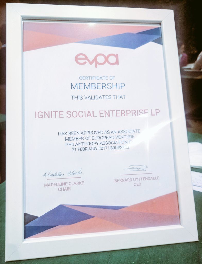 IgniteSocEnt's tweet image. Thank you @_EVPA_ for our Membership Certificate! We're looking forward to attending the Annual Conference #GuidingLights  #Oslo2017
