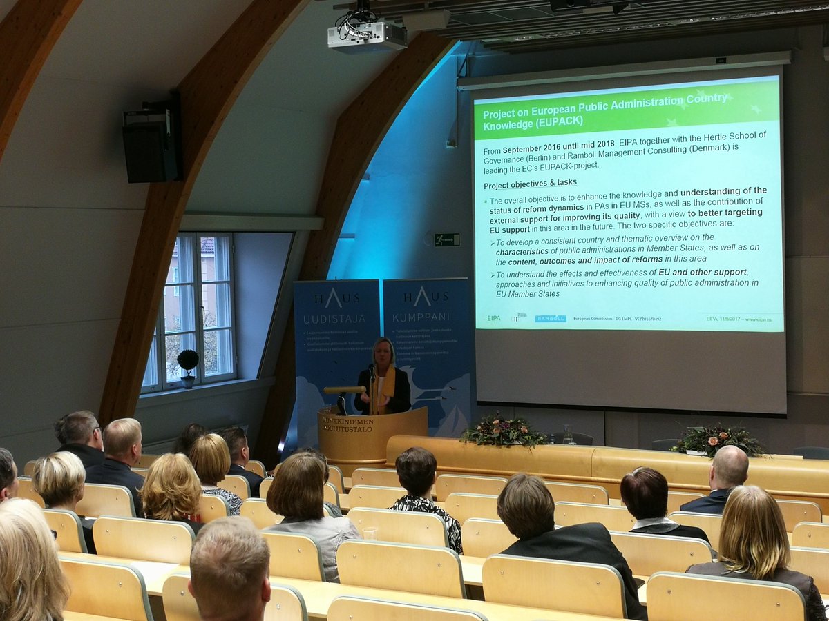 HAUSfi's tweet photo. Director General Pröhl @eu_eipa presents #EIPA, its activities (e.g. #EUPACK) and functions. To her surprise and joy, many attendees have actually already at least some basic idea what EIPA is and what it does. #goFinland Well done #publicsector! https://t.co/kvn1mwqxmD