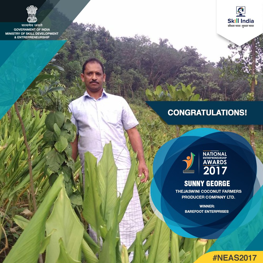 Youth4Entrprise's tweet photo. Thejaswini Coconut Farmers Producer Company Pvt Ltd wins India’s biggest government backed entrepreneurship award the #NEAS2017. Congratulations! https://t.co/9RyNxURWAC