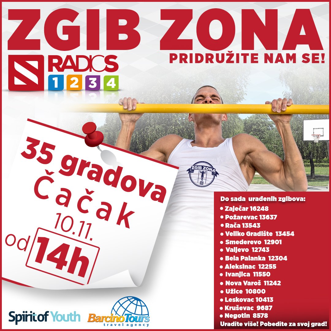 RadioS_2's tweet photo. Sutra smo u Čačku! 💪
Dođite i dajte sve od sebe za svoj grad 😉
Očekujemo vas od 14h.
#radios2 #SpiritofYouth #barcinotours #zgibzona #zgibovi #zgibomanija https://t.co/8bus52hvOv