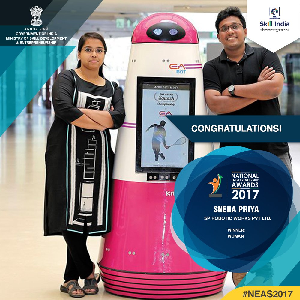 Youth4Entrprise's tweet photo. SP Robotic Works Pvt Ltd wins India’s biggest government backed entrepreneurship award the #NEAS2017. Congratulations! https://t.co/BfZULAXDzw