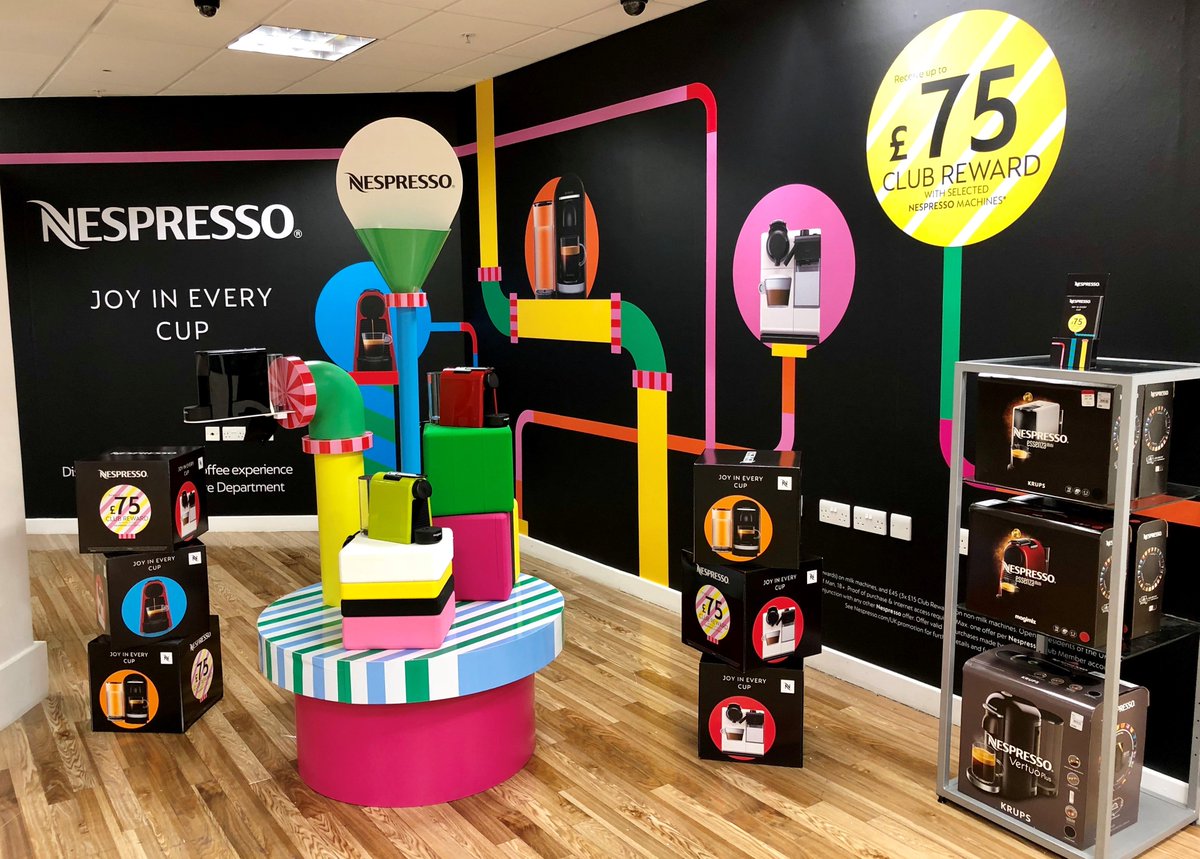 HarrisonsSigns's tweet photo. Sleek, stylish and a real eye catcher, just like @Nespressouk coffee machines! Inspiration for your #displays using #wideformatdigitalprint https://t.co/VIoiPQ69Hv