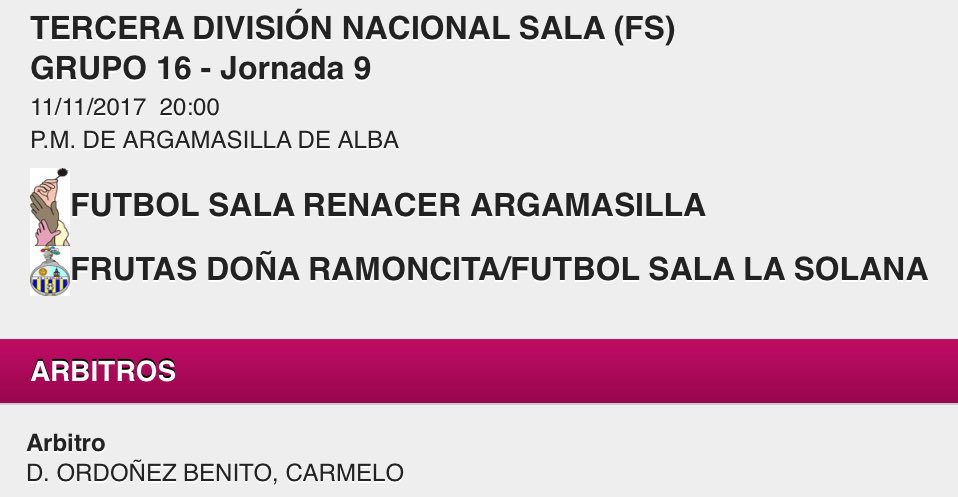 🏆 9ª Jornada, 3ª División - Futbol Sala - Grupo XVI.
📆 Sábado 11 de Noviembre.
🕗 20:00 horas. 
🏟 Pabellón Municipal de Argamasilla de Alba.
⚽️ <a href="/fsrenacer/">Renacer Argamasilla</a> 🆚 <a href="/FSLaSolana/">FútbolSala La Solana</a>.