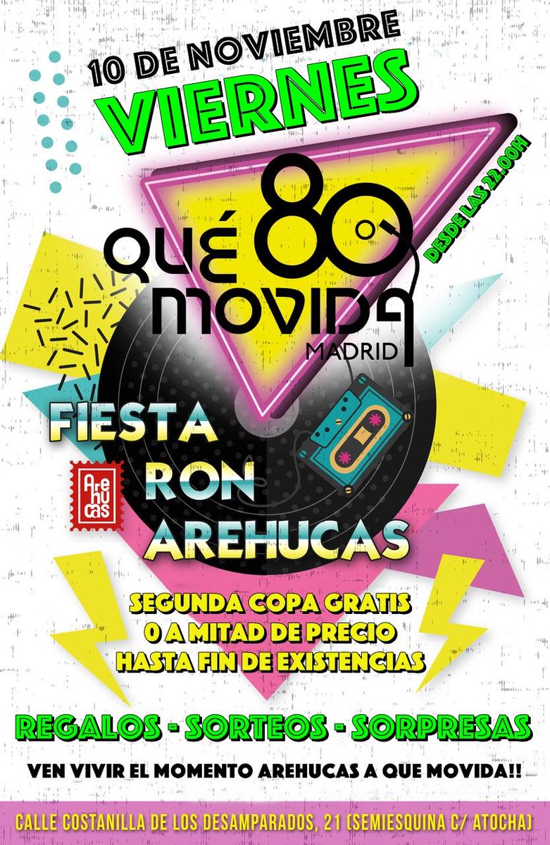 quemovidamadrid's tweet photo. Mañana Viernes 10 Noviembre, Fiesta @arehucas_ron en Que Movida. 2° copa gratis o mitad de precio (hasta agotar existencias) regalos, sorteos y sorpresas #fiesta #arehucas #copasgratis #regalos #musica #pop80s #quemovidamadrid #80s #FelizJueves https://t.co/02RxuC0aIC