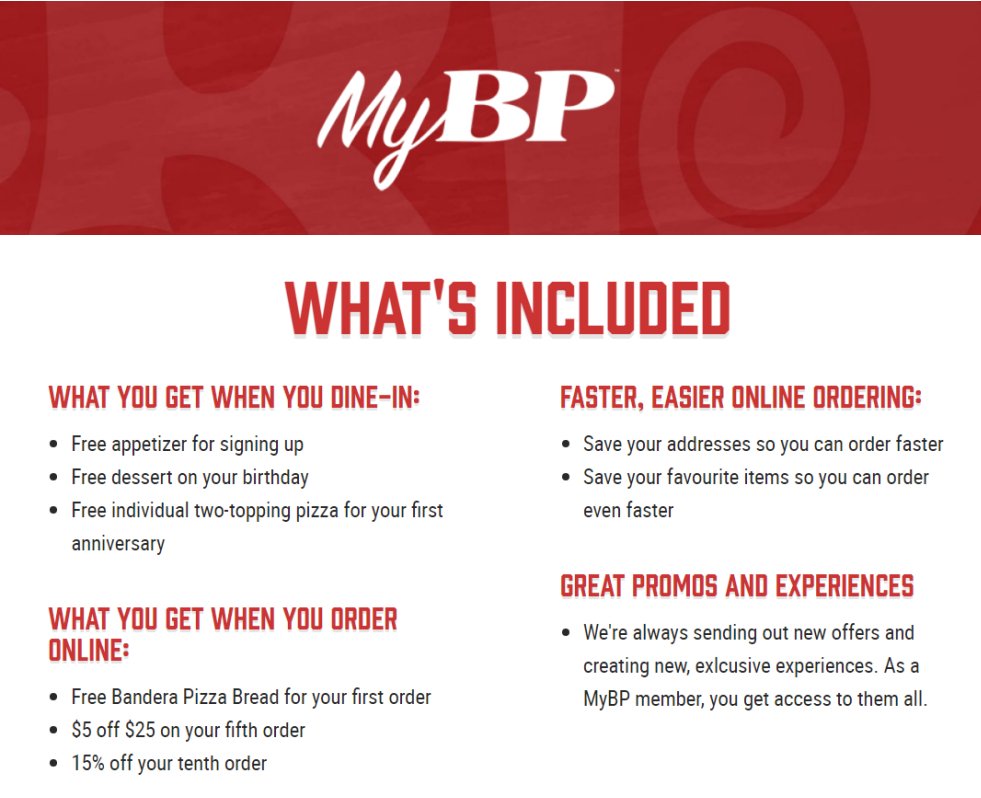 #MyBP is a loyalty program that gives your great offers at #BostonPizza. Sign up at bostonpizza.com and get a free #BanderaBread!