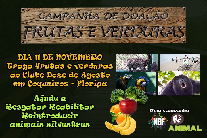 TorneioNBF's tweet photo. R3 Animal no @TorneioNBF - Ajude animais silvestres! Campanha de doação de frutas e verduras dia 11 de Novembro à partir das 13h no Clube Doze de Agosto de Coqueiros https://t.co/WYxpeLXg1p #resgatedeanimaissilvestres https://t.co/XbHejq3PGU