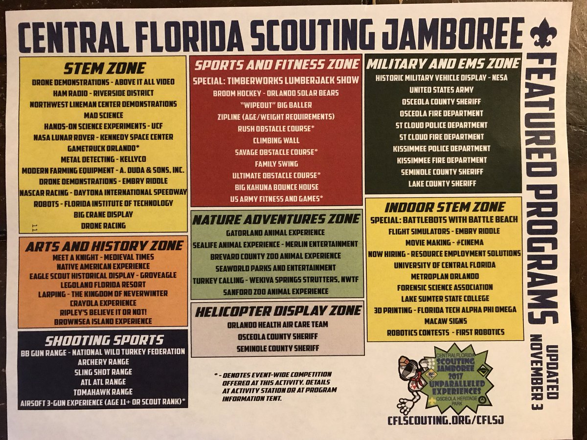 camplanoche's tweet photo. CFLS Jambo Dec 1-3 Osceola Heritage Park - Fun &amp; Adventure Cub Scouts, Boy Scouts, Venturing &amp; Exploring!   Check out Featured Program in attached photo.  Early Bird fee $30 per person thru Nov 15th, Nov 16-30 fee is $35 &amp; walk in fee is $40.  info/reg at https://t.co/BNhBZNE23M https://t.co/9PFcpQiLfX