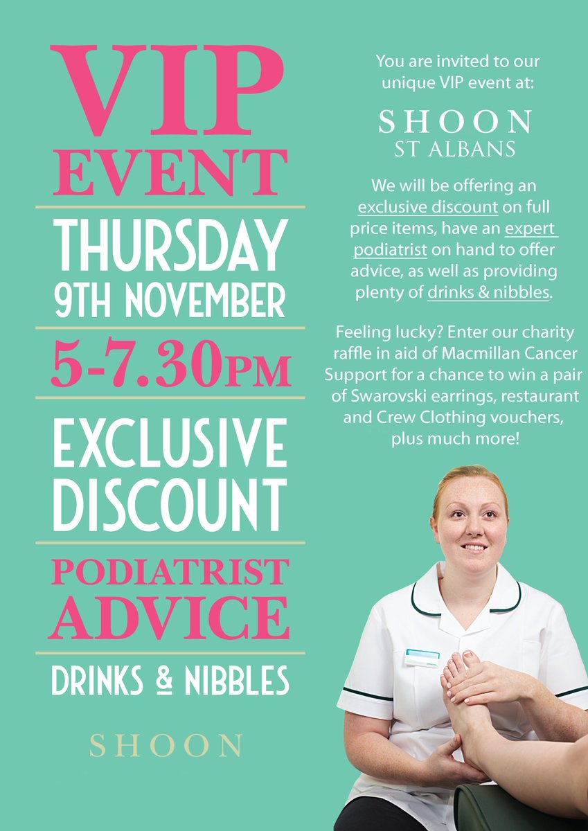 shoonshoes's tweet photo. Join us at @MaltingsStAlban this evening for our unique VIP event! Exclusive discounts, podiatrist advice, a charity raffle in aid of @macmillancancer, plus plenty of drinks and nibbles! #StAlbans https://t.co/MreqjNTypS