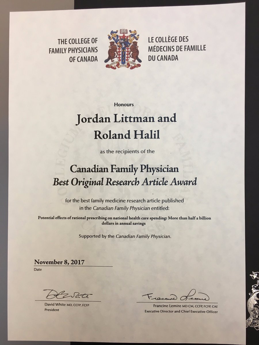 UofODFM's tweet photo. @CanFamPhysician Best Original Research Article recipients at #FMF2017 shed light on the cost savings potential of a rational prescribing model https://t.co/V825AkWCco