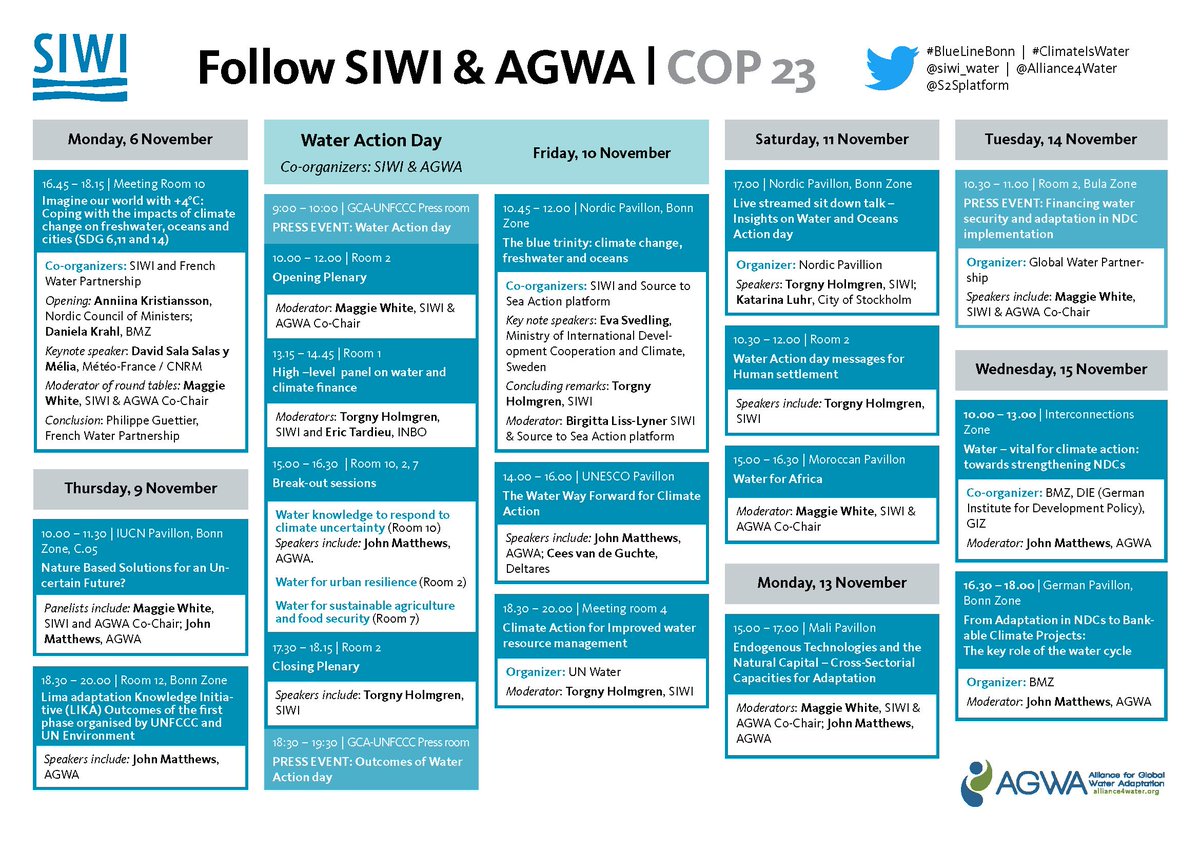 siwi_water's tweet photo. Tune in for the whole Water Action Day tomorrow starting at 9:00 am (CET)! https://t.co/8z1fGLf32v #SIWIatCOP #COP23 #ClimateIsWater #BlueLineBonn https://t.co/CoUpZ54PuN