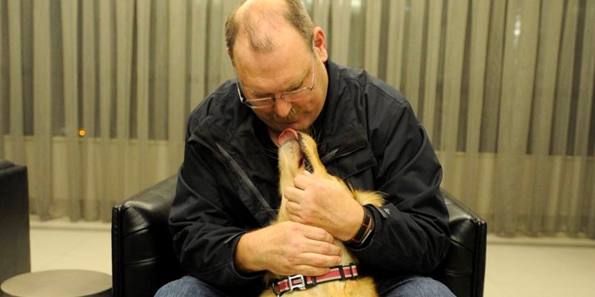 thatmikeadler's tweet photo. Charli, Jeff Sandney's golden retriever, always knows how to calm him. (How one CF member and his dog cope with PTSD) https://t.co/KgPMoPJmDu #CDNveterans #RemembranceDay #Toronto https://t.co/EsuqUpEvlt