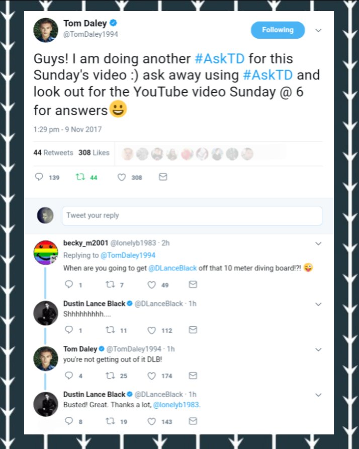TomDaleyNewsIG's tweet photo. Aw... They are the best! P.S. Sorry @dlanceblack, but we're eager to see this jump. No offense, we love you. And we're sure it will be fun for you too! 😚 #LiveItAll #TomDaley #DustinLanceBlack #Tustin #Diving #Daleyvlog #relationshipgoals #lgbt #diver #challenge #divingchallenge https://t.co/Kj4V0SxQ8w