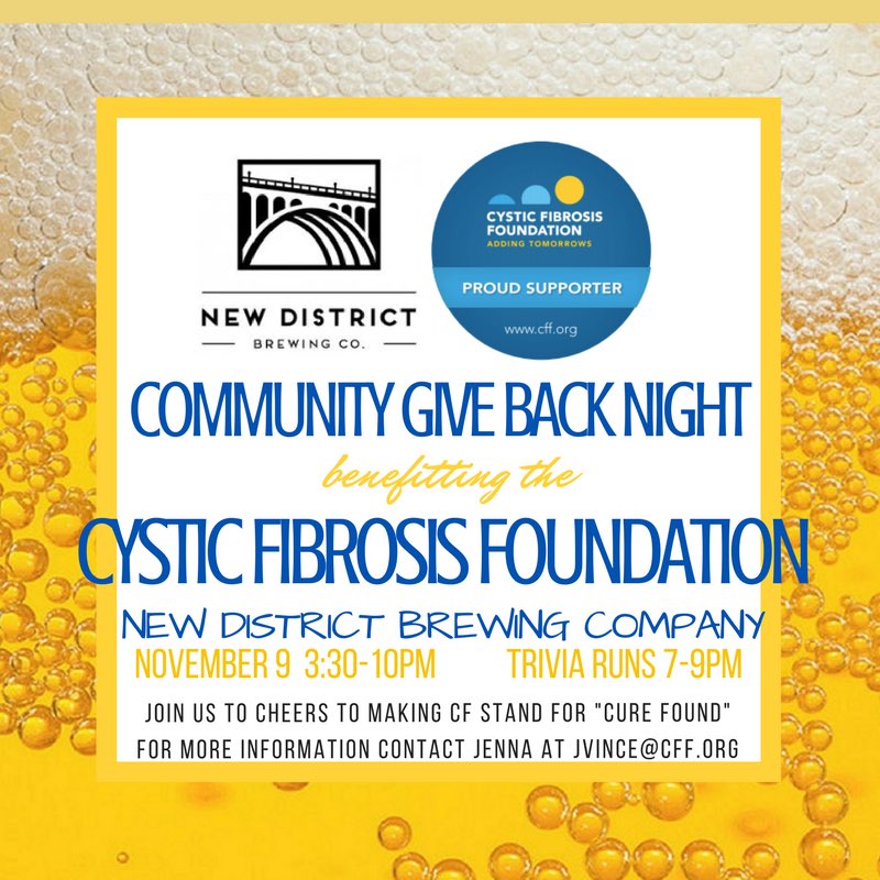 Looking for something to do this evening? Why not come hangout with us at <a href="/NewDistrictBrew/">New District Brewing</a>, grab a pint, maybe play some trivia and help raise some funds for <a href="/CF_Foundation/">Cystic Fibrosis Foundation</a>. <a href="/RocklandsTruck/">RocklandsBBQ Truck</a> will be there too!