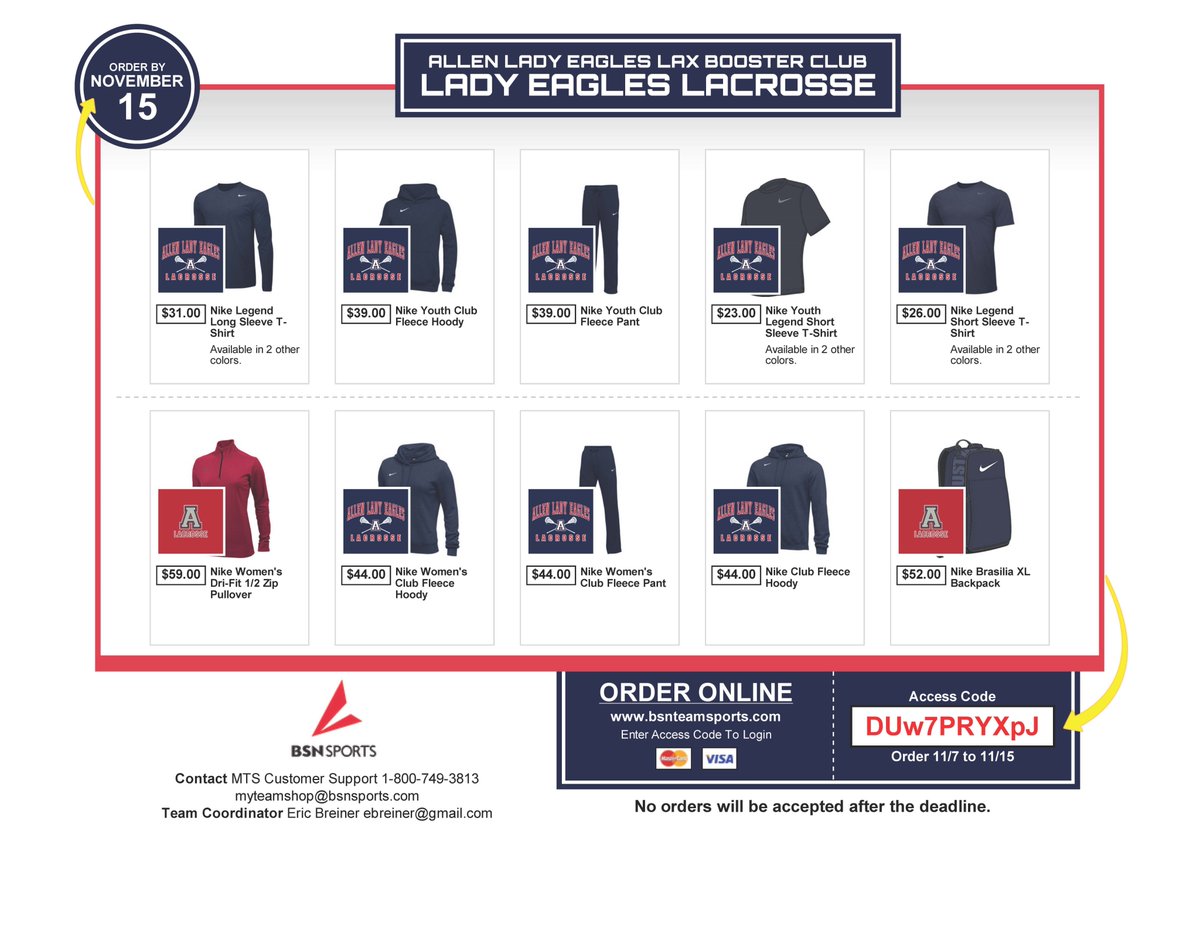 Shop for <a href="/AllenLadyLaxers/">Allen Lady Eagles</a> gear now thru Nov. 15!! Here's the link: bsnteamsports.com/v3/shop/team_s…