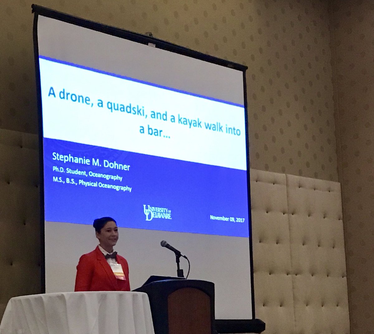 Sam_J_Lake's tweet photo. What do areal drones &amp; the childhood computer game Oregon Trail have in common? Steph Dohner, SeaGrant NOAA Coastal Storms Fellow shares lessons learned from her journey &amp; inspires #CERF2017 attendees to develop seamless topo-bathymetric maps @vaseagrant @DESeaGrant @PapaZissou https://t.co/C7jm2Hmifc