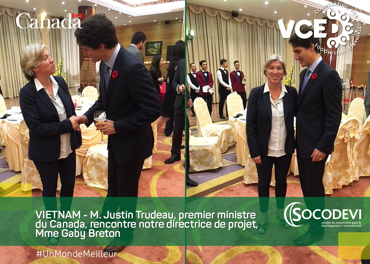 SOCODEVI's tweet photo. Au #Vietnam, @PMcanadien @JustinTrudeau rencontre notre représentante nationale, Gaby Breton #Coops #VCEDProject #UnMondeMeilleur #DevCanada https://t.co/Hx2pXO2U01