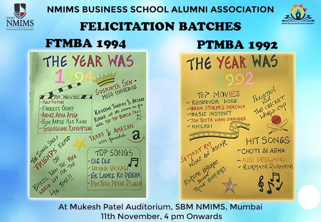 NMIMSAlumniCell's tweet photo. Greetings Alumni!
Here's something to refresh the memories of our felicitation batches! Remember the movies and the songs that made college life better and the happenings of the world that you must have kept up to date with during MBA!
#NMIMS #GAM2017 https://t.co/kLzOFSaQwF