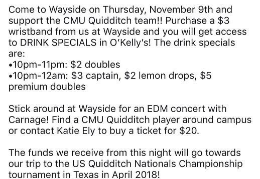 CMUQuidditch's tweet photo. TONIGHT is our fundraiser!! Retweet to spread the word please! $3 wristbands for drink specials!! https://t.co/ZfyHnAkCXu