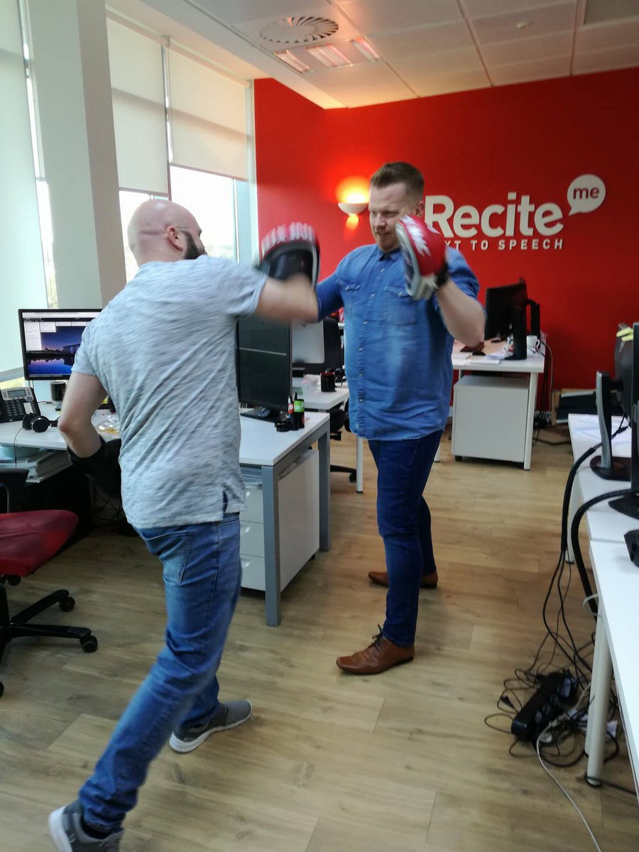 reciteme's tweet photo. Our Sales Executive Keith is taking part in a charity boxing match in a months time. Here he is doing a bit training with the guys in the office. Be careful keith they need thier fingers to code! Keith is fundraising for @CR_UK. Here is his story...

https://t.co/vsVGSKqji6 https://t.co/1BSesBgvJL