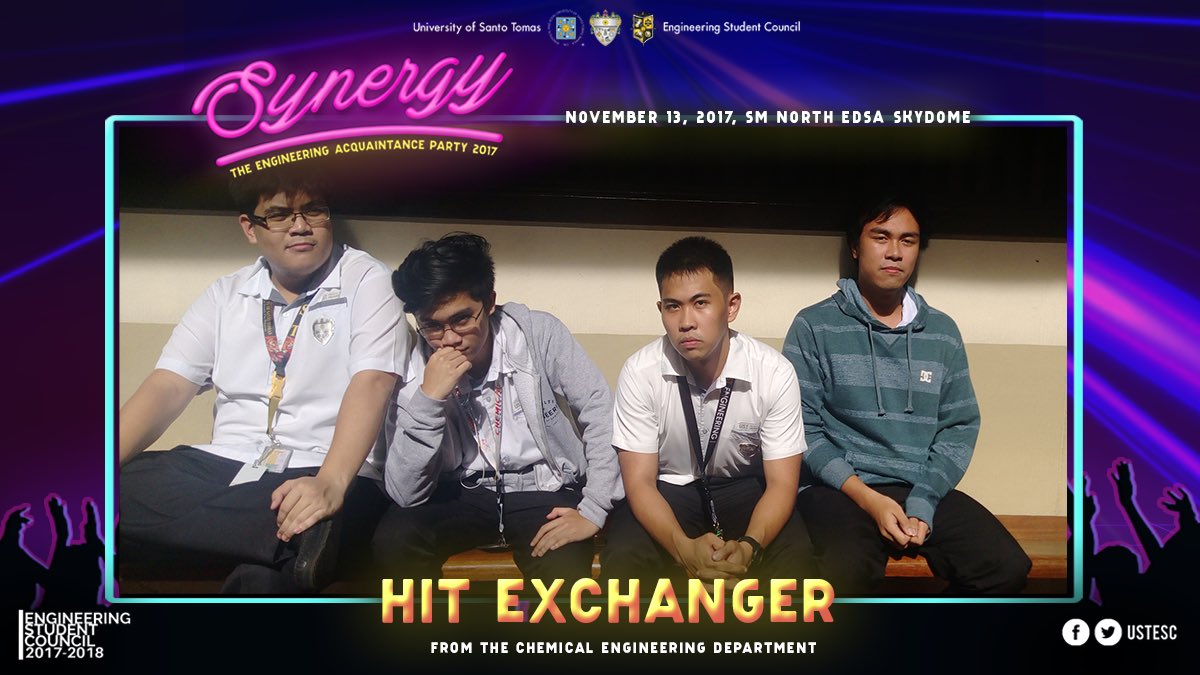 USTESC's tweet photo. Chemical Engineering! Watch and support the Hit Exchanger as they perform their hearts out and represent your department! Happening all at Synergy: The Engineering Acquaintance Party 2017!
#ENGGSynergy2017 https://t.co/weJVpRO2OJ