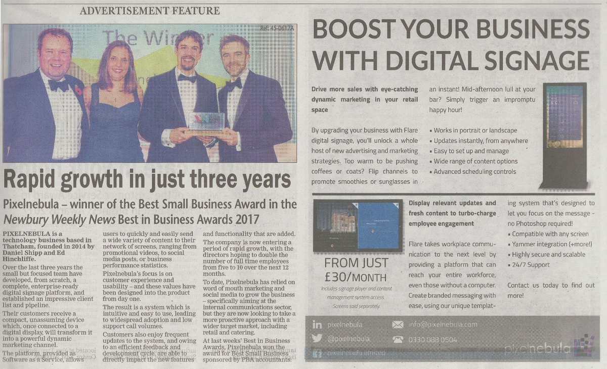 Still buzzing from our win at the #BestInBusiness #Awards on Friday, we woke this morning and rushed out to grab our copies of #NewburyWeeklyNews!

#digitalSignage for #retail &amp; #enterprise