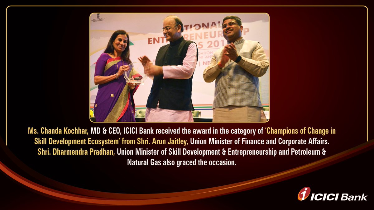 ICICIBank's tweet photo. ICICI Foundation for Inclusive Growth, the CSR arm of the ICICI Group, was awarded by Shri @arunjaitley at the National Entrepreneurship Awards at New Delhi, in the presence of Shri @dpradhanbjp. #SkillIndia #NEAS2017 https://t.co/WU4cOkOyYQ