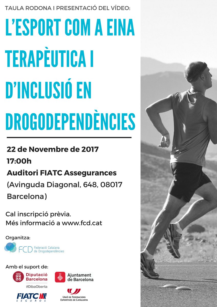 22/11 a les 17h Taula rodona: L’esport com a eina terapèutica i d’inclusió en drogodependències. Amb el suport de <a href="/diba/">Diputació de Barcelona</a> Lloc: Auditori FIATC 
NOU link per inscripcions docs.google.com/forms/d/e/1FAI…