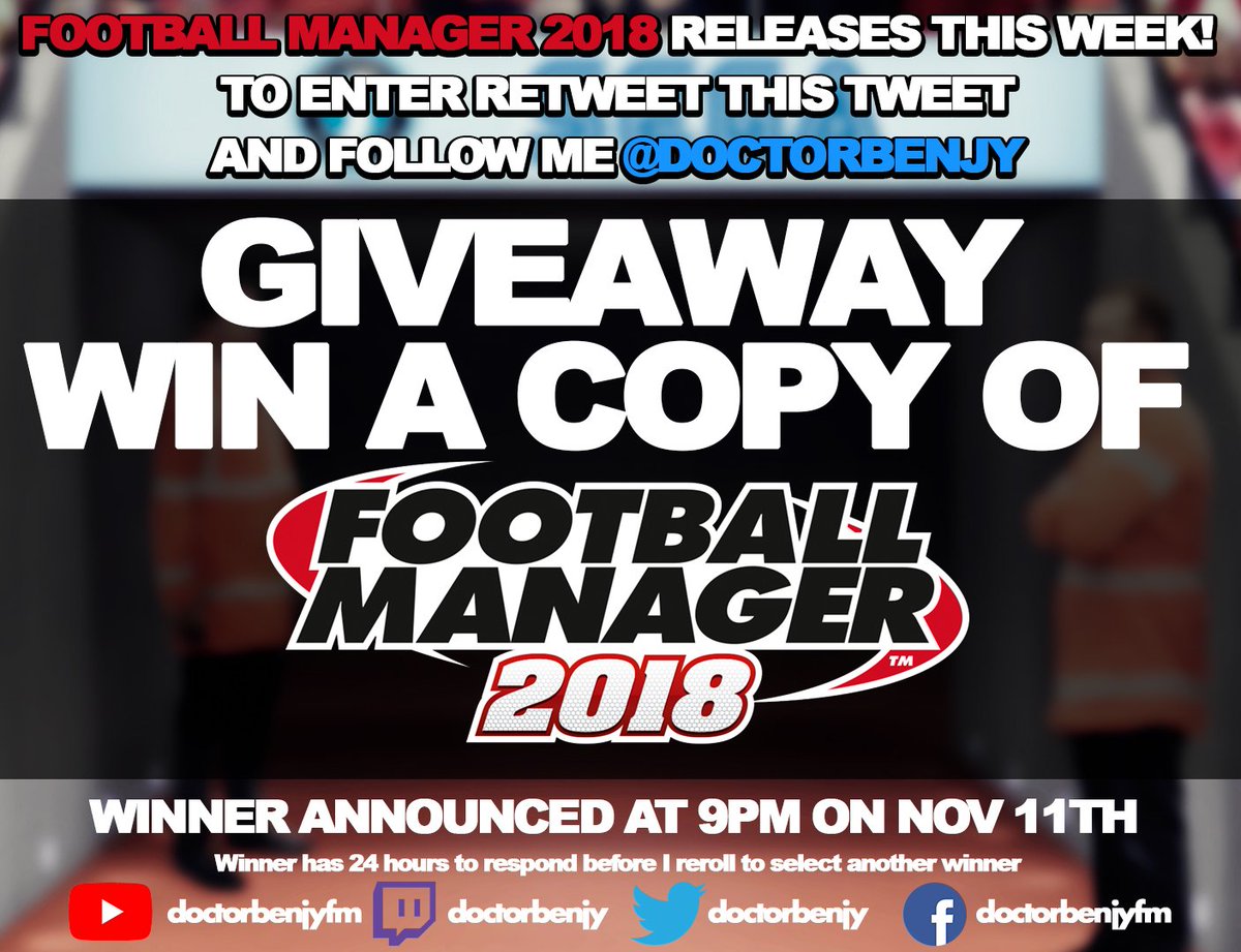 DoctorBenjy's tweet image. FOOTBALL MANAGER 2018 IS OUT THIS WEEK!

For a chance to win a copy of #FM18 RETWEET and FOLLOW 
Winner announced November 11th.