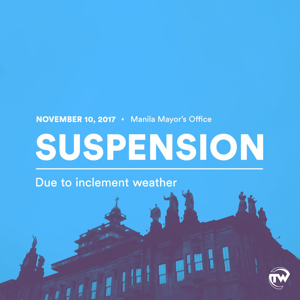 TomasinoWeb's tweet photo. #WalangPasok Manila suspends classes in all levels tomorrow, Nov. 10, due to #SalomePH https://t.co/TWlNDY8aeK
