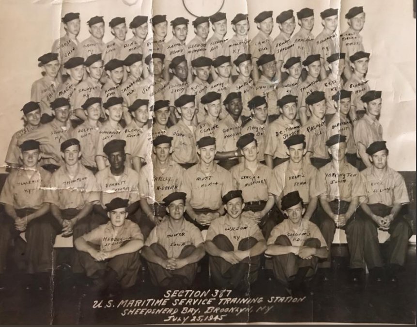 AMMWWII's tweet photo. #VeteransDay2017 US Maritime Service Training Station, Sheepshead Bay, Brooklyn N.Y. July 25, 1945. Send us your pics &amp; we will post! #MMWWII #HR154 #MerchantMarine #Bravery #Heroes #WWII https://t.co/rUddt2Xj2h