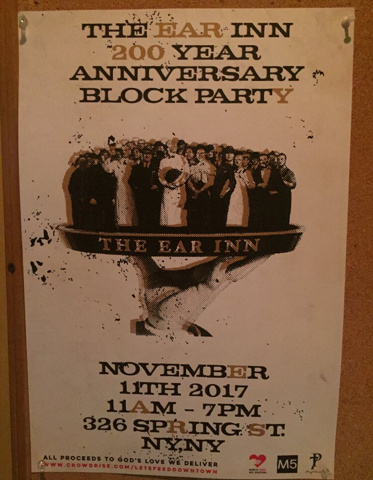 MisterDennehy's tweet photo. Let’s celebrate longevity. Congrats to all our friends at the Ear Inn. #blockparty #anniversary #charity #GodsLoveWeDeliver #neighbor #twocenturies https://t.co/4HNf1Qnvh0