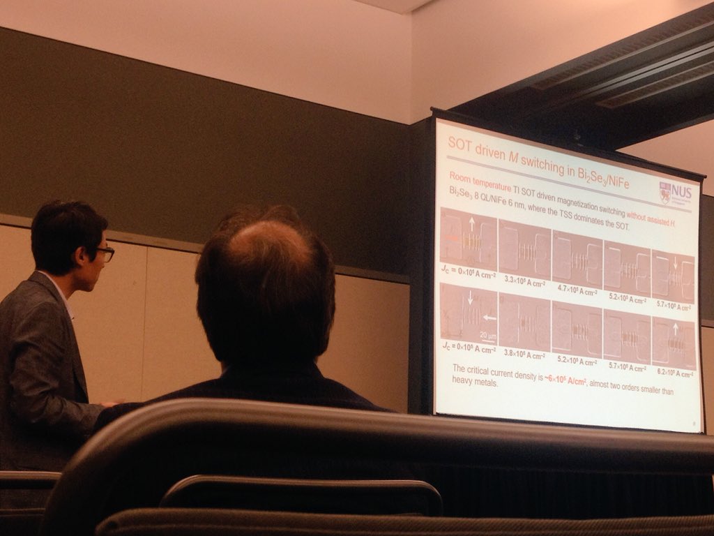 spintronicsHGW's tweet photo. Morning conference post. Most surprising: TI/CoFeB, SOT eff. switching sputtered TI, Wang, Minnesota, even with Py, Yang, Singapore! #MMM62 https://t.co/IFHH403wsq
