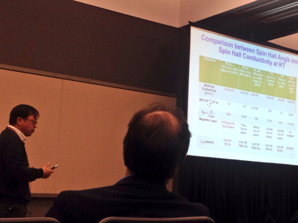 spintronicsHGW's tweet photo. Morning conference post. Most surprising: TI/CoFeB, SOT eff. switching sputtered TI, Wang, Minnesota, even with Py, Yang, Singapore! #MMM62 https://t.co/IFHH403wsq