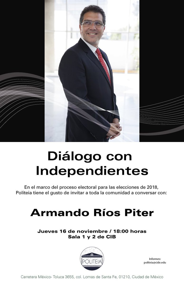 Para el segundo evento de "Diálogo con Independientes" @RiosPiterJaguar  platicará con la comunidad cideita sobre su proyecto político para el 2018.

Los esperamos.