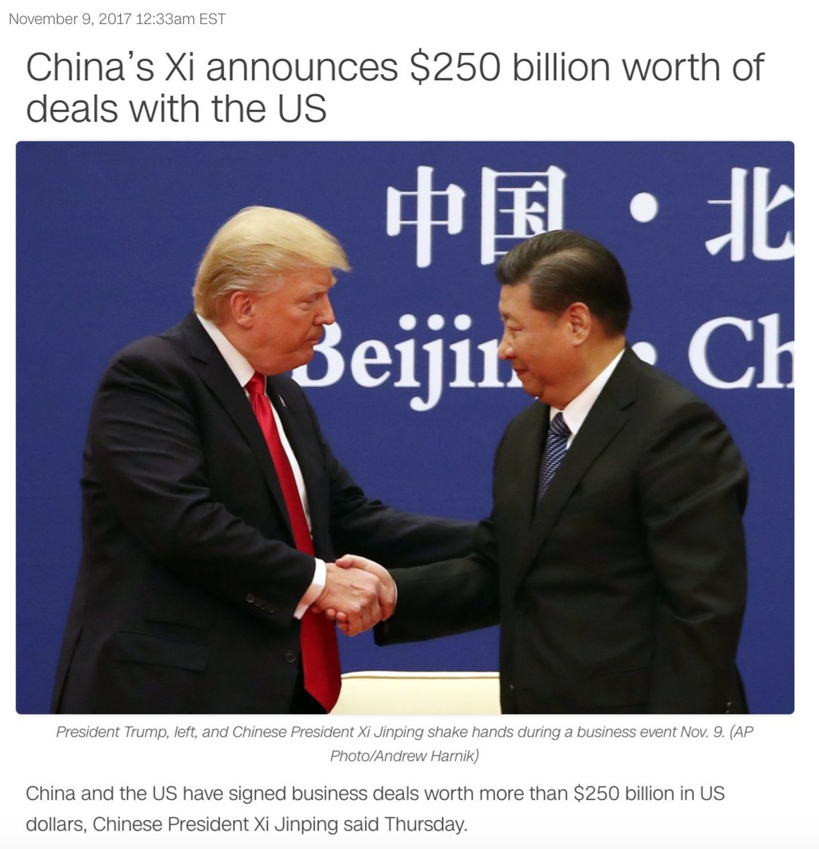 CNN's tweet photo. Chinese President Xi announces $250 billion worth of deals with the US https://t.co/bHeywQji8W https://t.co/T3kDVffr6D