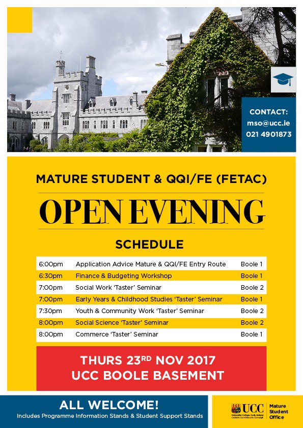 Access_UCC's tweet photo. UCC Mature Student &amp; QQI (FETAC) Open Evening - Thursday 23rd November 5:30 - 8:30pm in UCC Boole Basement - Please RT - Go raibh maith agaibh! https://t.co/aV0MHmDpHb