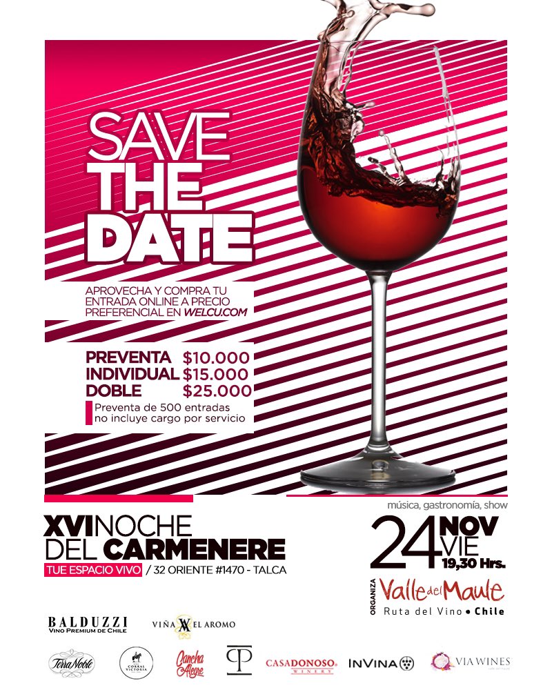 BalduzziWines's tweet photo. 📢XVI Noche del Carmenere

Los mejores vinos • Gastronomía • Música

📍TUE Espacio, Talca 🇨🇱 https://t.co/LTwqgRiEle