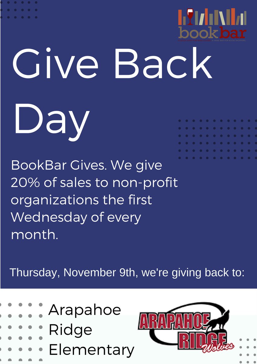 BookBarDenver's tweet photo. We're giving back again today. Shop with us to give back 20% of sales to Arapahoe Ridge Elementary. #giveback #BookGive https://t.co/4PxPeMSg0O