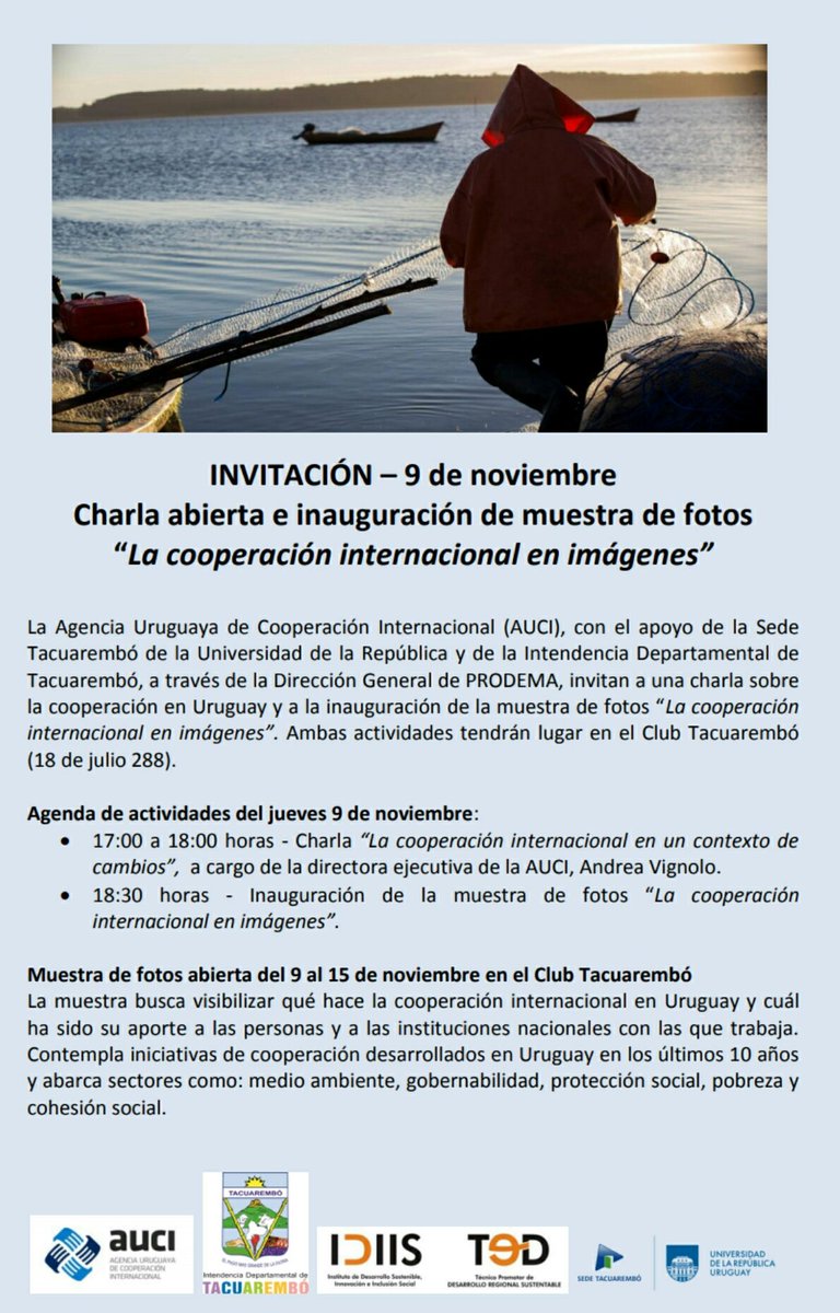 INVITACIÓN - Hoy, a partir de 17 horas, AUCI estará en el Club Tacuarembó para inaugurar muestra de fotos de cooperación, junto a la Intendencia y @udelar