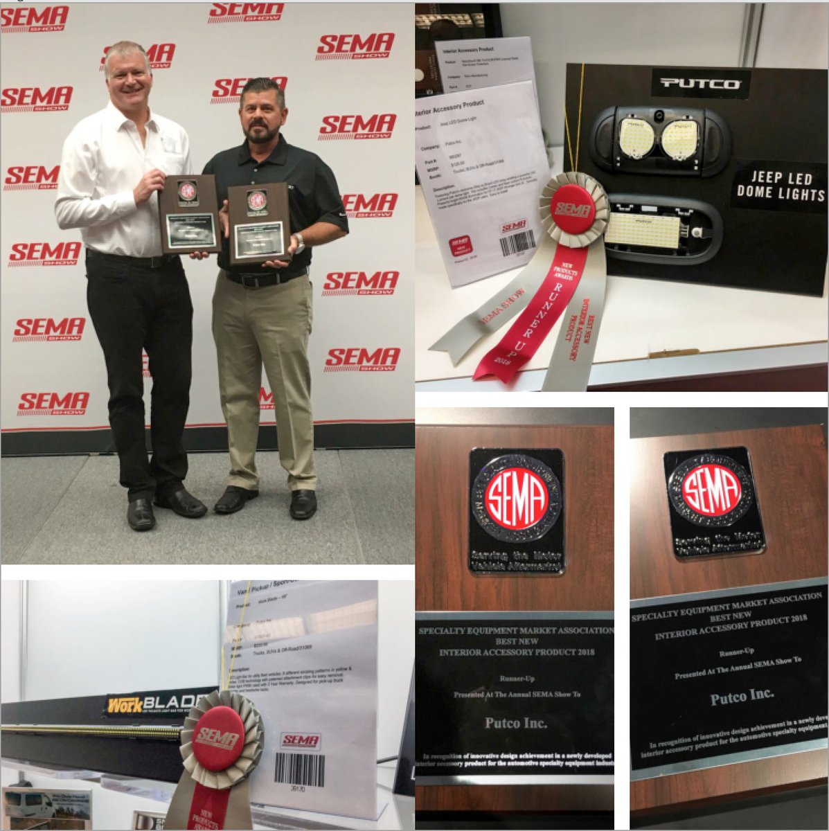 Putco_Inc's tweet photo. Proud to receive #SEMA 2017 new product awards: Jeep LED Dome Light, and Work Blade  #putcoled #putcoblade #putco https://t.co/ZKFbgHoXs5