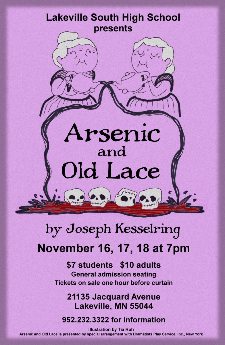 LakevilleAreaPS's tweet photo. In need of a good laugh? Lakeville South High School will be performing the comedy Arsenic and Old Lace Nov. 16-18 at 7 p.m. #LakevillePride https://t.co/Zyp96xn5W3
