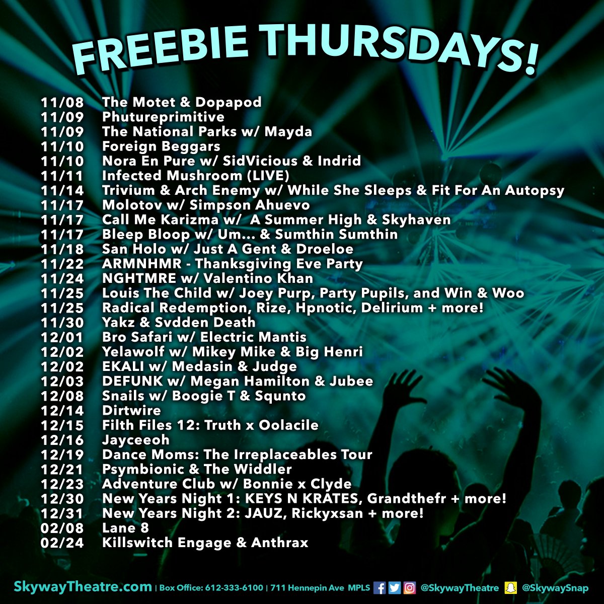 SkywayTheatre's tweet photo. *FREEBIE THURSDAY* WIN a PAIR of tix 2 a show! Follow us, retweet, pick a show &amp; tag a friend! Winners picked @ 6 PM! https://t.co/bDBcv0c3ea