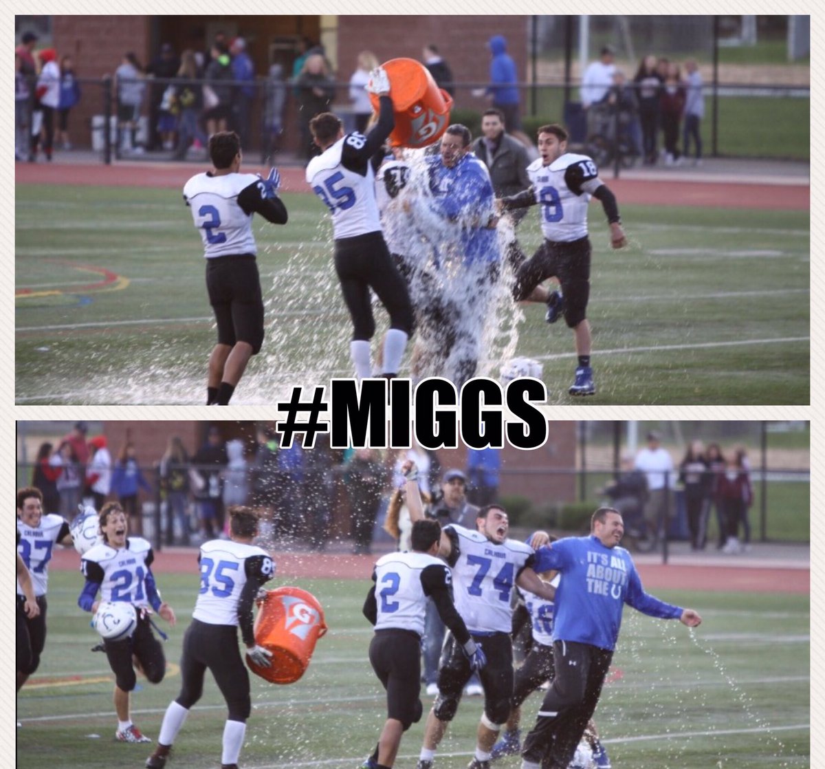 HounFootball's tweet photo. Celebrations with one of our Defensive Coaches! #hounball #miggs #defense #coltspride #hofstrabound @CalhounHS https://t.co/Ysrkeuok0h