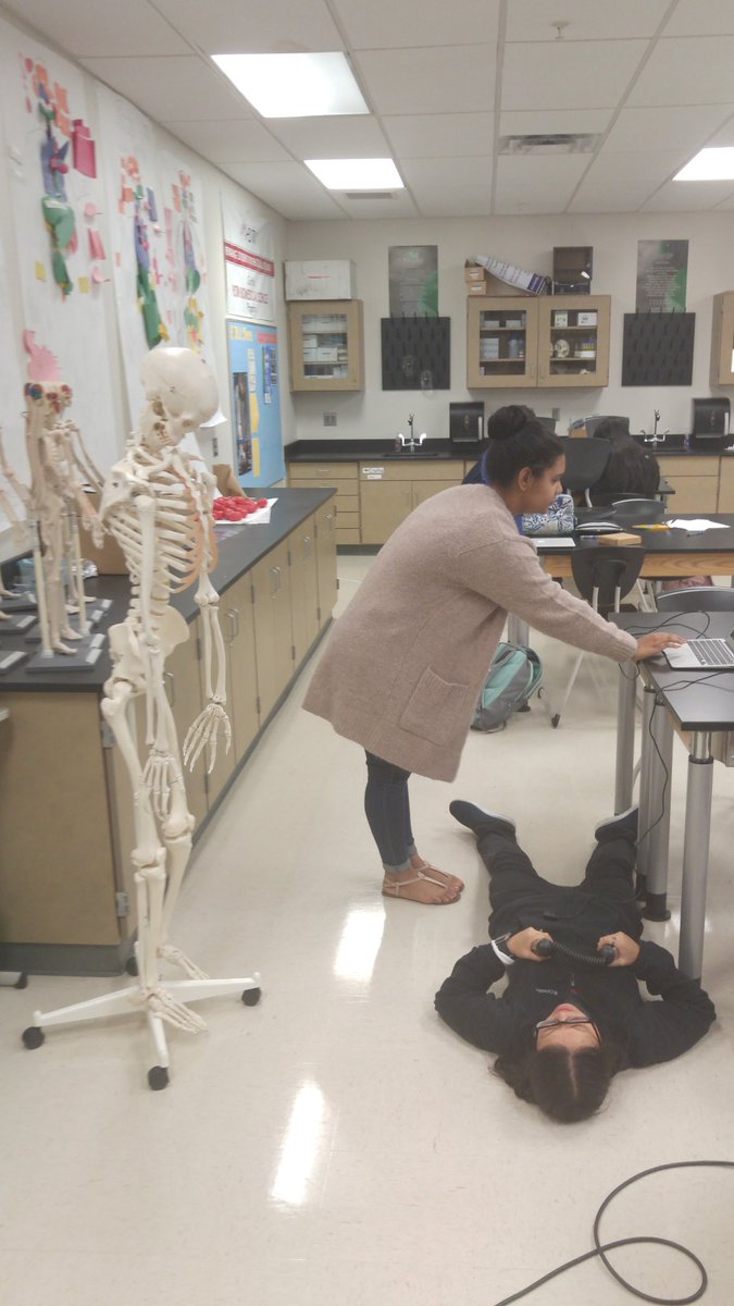 StaleyBiomed's tweet photo. Really @_hannahpham_ .... Laying down on the job! Even the skeleton disapproves. #PLTW #HeartrateLab https://t.co/H7Cqd1IY4H