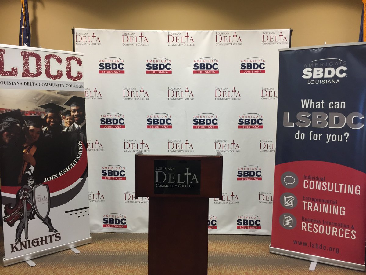 LSBDC's tweet photo. The stage is set for the #SpecialAnnouncement today at 10 a.m. for Louisiana Delta Community College and Louisiana Small Business Development Center (LSBDC) #DeltaKnights #LSBDC. Join us! https://t.co/EOf3gagt3N
