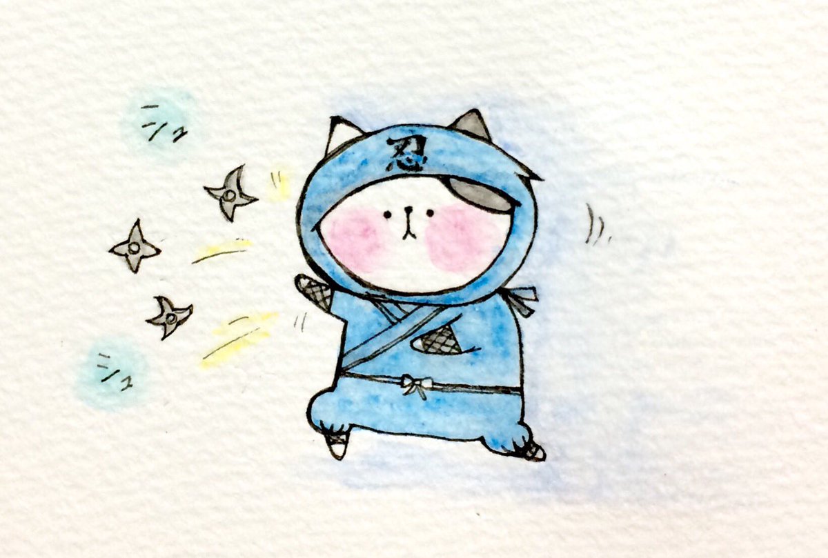 おこにゃん 忍者ごっこ 忍者 手裏剣 抜き足差し足 猫 ネコ ねこ イラスト 可愛い 1日1絵 手描き 癒し 絵描きさんと繋がりたい イラスト好きな人と繋がりたい お絵かき部 Cats